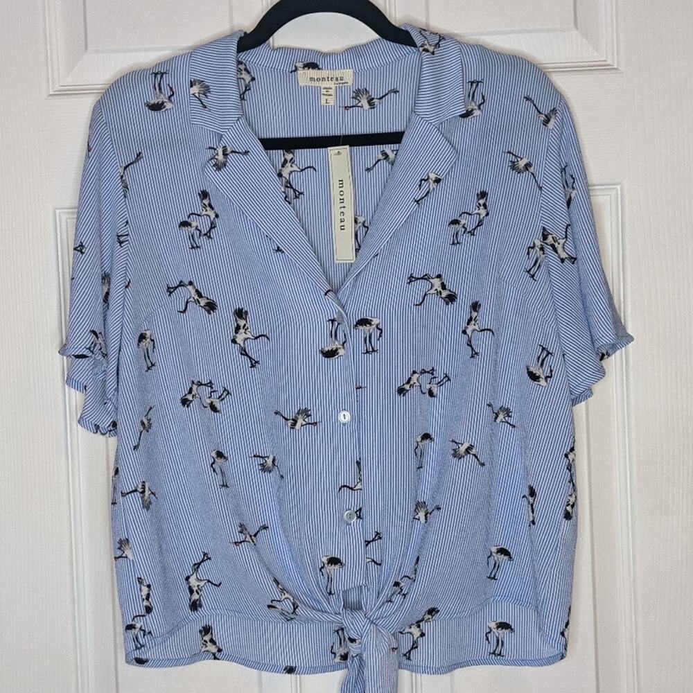 Monteau Blue & White Stripe Crane Print Button Front Tie Flutter Sleeve Blouse L